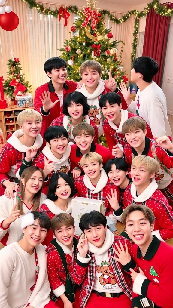 BTS members in Christmas attire celebrating the holiday season with joy and laughter.